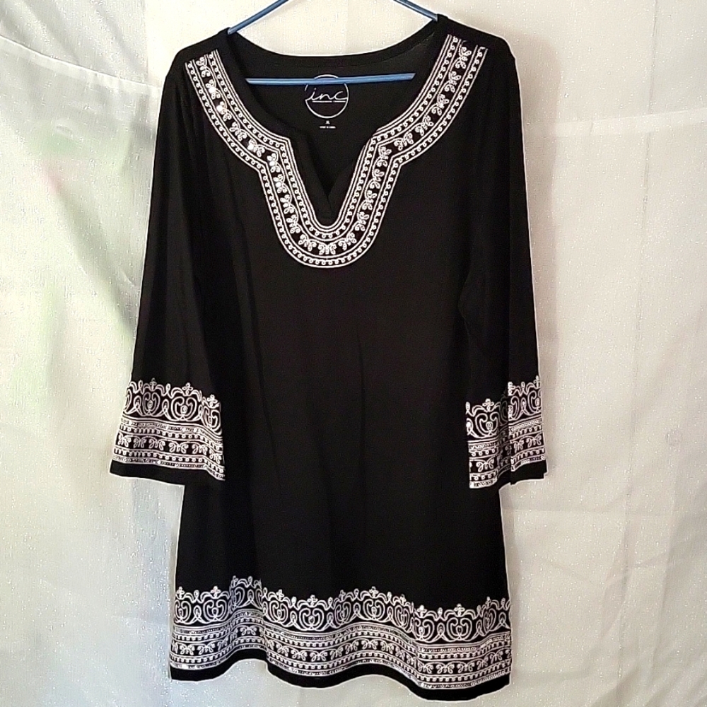 INC International Concepts Black Tunic with White & Sequin Embroidered Detail
